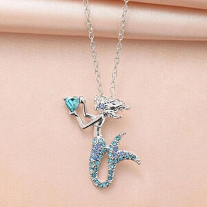 Blue rhinestones mermaid and heart silver tone necklace